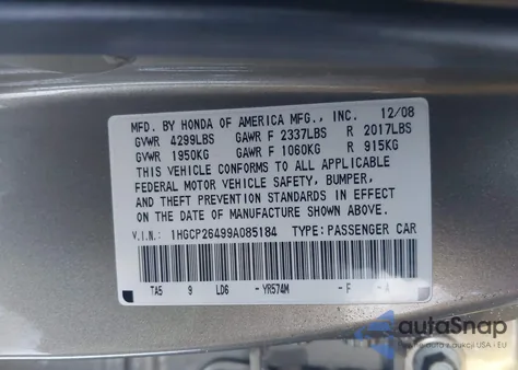 2009 Honda Accord 2.4 Lx-P from USA, damaged, VIN 1HGCP26499A085184